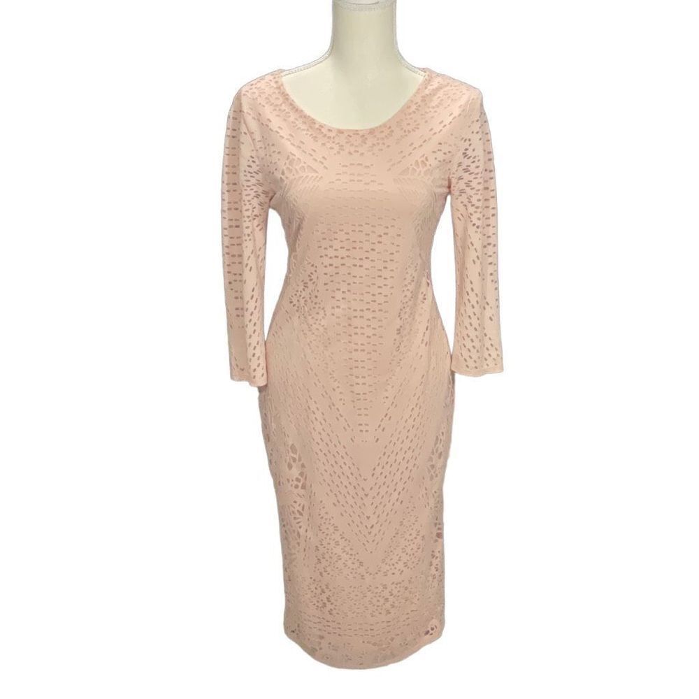Carmen Marc Valvo Blush Lined Bodycon Midi Dress Long Sleeve Eyelet Size Small
